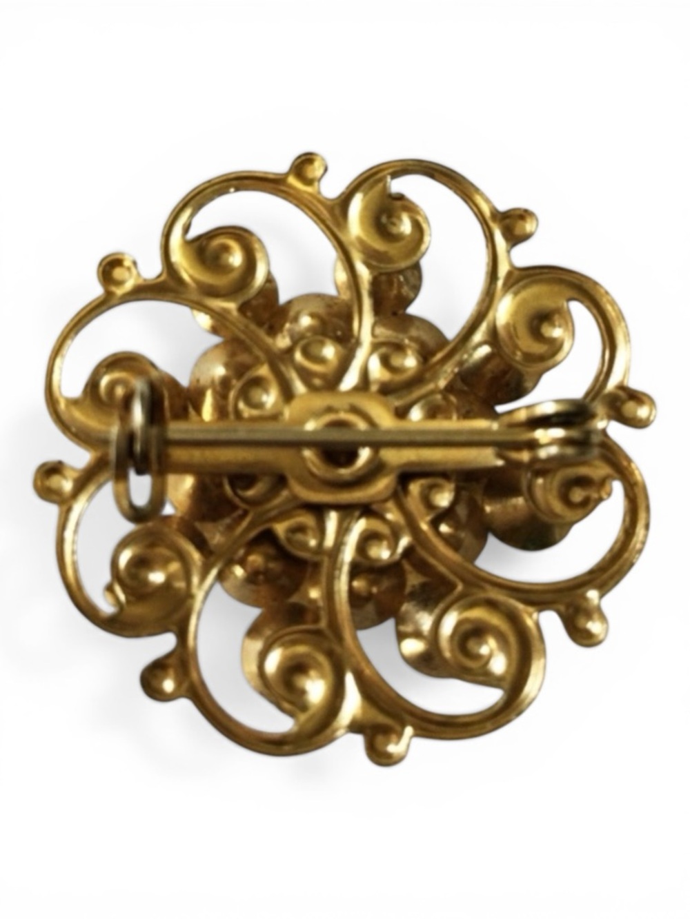Vintage MCM Gold‑Tone Filigree Flower Brooch Turquoise Rhinestones & Faux Pearls - Picture 9 of 12